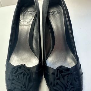 High Heels, Silky black 2.5 inch heels, open toe, black chiffon roses.